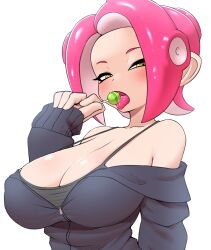 Rule 34 | 1girl, breasts, candy, cleavage, collarbone, colored tongue, eating, female focus, food, half-closed eyes, highres, holding, holding candy, holding food, holding lollipop, jacket, large breasts, lollipop, long sleeves, looking at viewer, medium hair, nintendo, octoling, octoling girl, octoling player character, open mouth, partially unzipped, pero (pero7762), pink hair, saliva, simple background, solo, splatoon (series), standing, suction cups, tentacle hair, tongue, tongue out, upper body, white background, yellow eyes