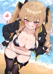 1girl absurdres beach bikini black_bikini black_gloves black_jacket blonde_hair bow breasts bright_pupils brown_thighhighs cleavage collarbone day fingerless_gloves girls&#039;_frontline girls&#039;_frontline_2:_exilium gloves grin hair_bow halterneck hand_up heart highres jacket large_breasts leaning_forward long_sleeves navel oldsickkim open_clothes open_jacket outdoors red_eyes skindentation smile solo sparkle spoken_heart standing stomach string_bikini swimsuit thighhighs thighs twintails ump9_(girls&#039;_frontline) v