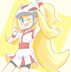 Rule 34 | 1girl, akasaka (qv92612), arm up, bare arms, bike shorts, blonde hair, blue eyes, clenched hand, commentary request, creatures (company), dress, eyelashes, fingerless gloves, game freak, gloves, hair between eyes, hand up, high ponytail, korrina (pokemon), long hair, looking at viewer, nintendo, one eye closed, open mouth, pokemon, pokemon xy, solo, tongue