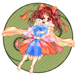 Rule 34 | 2girls, adapted costume, backless outfit, barefoot, bow, brown hair, child&#039;s drawing, cirno, crying, daiyousei, detached sleeves, dress, fingernails, hair bow, hakurei reimu, hand on another&#039;s head, kg cliff edge, light smile, long hair, looking at another, lying, multiple girls, on back, on person, on stomach, pillow, red eyes, round image, streaming tears, tatami, tears, touhou, wings, yin yang
