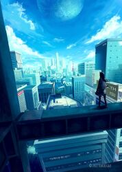 Rule 34 | 1girl, animal ears, billboard, blue sky, building, city, cityscape, cloud, commentary, commentary request, concept art, dated, day, english commentary, english text, highres, jacket, long hair, mixed-language commentary, moon, original, outdoors, plant, scenery, sky, skyline, skyscraper, solo, sumiro, tower, tree