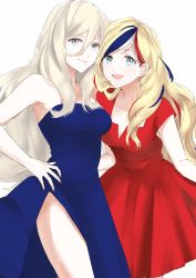 Rule 34 | 2girls, :d, alternate costume, bad id, bad twitter id, blonde hair, blue dress, blue eyes, blue hair, blue nails, breasts, cleavage, collarbone, commandant teste (kancolle), dress, highres, kantai collection, long hair, mole, mole under eye, mole under mouth, morinaga miki, multiple girls, nail polish, open mouth, red dress, red hair, richelieu (kancolle), simple background, smile, white background, white hair