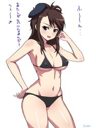 Rule 34 | 10s, 1girl, amaretto (girls und panzer), beret, bikini, breasts, brown eyes, brown hair, covered erect nipples, extra, girls und panzer, hat, highres, large breasts, long hair, mordeth, solo, standing, swimsuit, white background