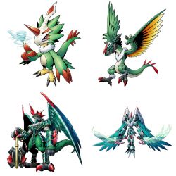 Rule 34 | claws, digimon, digimon (creature), digimon liberator, dual wielding, evolutionary line, feathers, galemon, grandgalemon, highres, holding, horns, official art, pteromon, third-party edit, wind, wings, zephagamon