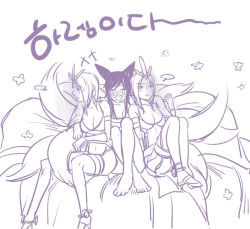Rule 34 | ..., 3girls, ahri (league of legends), animal ears, barefoot, blush, breasts, clone, leblanc (league of legends), fox ears, fox tail, gameplay mechanics, hooreng, korean text, league of legends, medium breasts, midriff, monochrome, multiple girls, multiple tails, navel, panties, tail, thighhighs, translation request, underwear