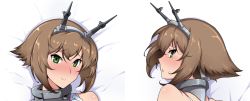 Rule 34 | 10s, 1girl, :o, bare shoulders, bed sheet, blush, brown hair, close-up, competition school swimsuit, from behind, gloves, green eyes, hair between eyes, halcon, headgear, kantai collection, looking at viewer, looking back, multiple views, mutsu (kancolle), one-piece swimsuit, open mouth, school swimsuit, short hair, sidelocks, smile, swimsuit, white gloves
