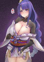 Rule 34 | 1girl, absurdres, areola slip, black gloves, blush, braid, breasts, cleavage, closed mouth, commentary request, fingerless gloves, flower, genshin impact, gloves, grabbing own breast, heart, highres, japanese clothes, kimono, large breasts, long hair, looking at viewer, low-braided long hair, low-tied long hair, mole, mole under eye, nail polish, obi, off shoulder, purple eyes, purple flower, purple hair, purple nails, raiden shogun, revision, sash, single braid, solo, speech bubble, spoken heart, srn ana, tassel, thought bubble, very long hair, wide sleeves