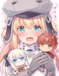Rule 34 | 1boy, 2girls, ?, artoria caster (fate), artoria caster (first ascension) (fate), artoria pendragon (fate), bare shoulders, black bow, blonde hair, blue eyes, blush, bow, braid, chibi, closed mouth, commentary request, fate/grand order, fate (series), flying sweatdrops, french braid, gloves, green eyes, grey gloves, grey headwear, hair between eyes, hair bow, hat, holding, japanese clothes, long hair, looking at viewer, mini person, miniboy, minigirl, morgan le fay (fate), multiple girls, open mouth, ponytail, red hair, rioshi, senji muramasa (fate), short hair, siblings, silver hair, sisters, sweatdrop, twintails, yellow eyes