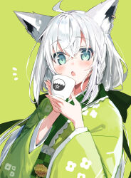 Rule 34 | 1girl, :o, ahoge, alternate costume, animal ears, asymmetrical hair, black bow, blue eyes, blush, bow, braid, checkered sash, commentary, crossed bangs, cup, fox ears, green background, green kimono, hair between eyes, hair bow, highres, holding, holding cup, hololive, japanese clothes, kimono, long hair, looking at viewer, notice lines, obi, obiage, open mouth, pentagram, sash, shirakami fubuki, side braid, simple background, single braid, solo, symbol-only commentary, upper body, virtual youtuber, white hair, wide sleeves, yukata, yumesaki nana