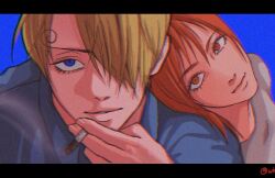 Rule 34 | 1boy, 1girl, asymmetrical bangs, blonde hair, blue background, blue eyes, cigarette, closed mouth, curly eyebrows, hair over one eye, head on another&#039;s shoulder, holding, holding cigarette, looking at viewer, nami (one piece), one eye covered, one piece, orange eyes, orange hair, sanji (one piece), short hair, ttippo-o