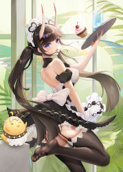 Rule 34 | 1girl, apron, ass, azur lane, back, backless dress, backless outfit, bare shoulders, black dress, blunt bangs, breasts, brown hair, brown thighhighs, cup, cupcake, dress, feet, food, frilled apron, frills, garter straps, highres, holding, holding tray, horns, indoors, large breasts, liu liaoliao, long hair, looking at viewer, maid, maid headdress, manjuu (azur lane), noshiro (azur lane), noshiro (hold the ice) (azur lane), oni horns, open mouth, purple eyes, soles, solo, standing, standing on one leg, thighhighs, toes, tray, twintails, very long hair