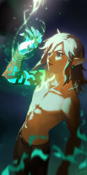 Rule 34 | 1boy, absurdres, blue eyes, brown hair, earrings, highres, jewelry, link, long hair, looking at hand, magic, male focus, nintendo, parted lips, pointy ears, solo, the legend of zelda, the legend of zelda: tears of the kingdom, topless male, yos (72112764)