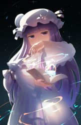 Rule 34 | 1girl, blunt bangs, book, bun cover, commentary request, covered mouth, crescent, crescent hat ornament, dress, hair bun, hat, hat ornament, highres, holding, holding book, long hair, long sleeves, mob cap, monosenbei, open book, patchouli knowledge, purple eyes, purple hair, side bun, single hair bun, single side bun, solo, striped clothes, striped dress, touhou, vertical-striped clothes, vertical-striped dress, very long hair, white dress, white hat, wide sleeves