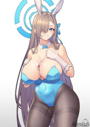 Rule 34 | 1girl, absurdres, alan (pixiv 16011384), animal ears, artist name, asuna (blue archive), asuna (bunny) (blue archive), between breasts, blue archive, blue bow, blue bowtie, blue eyes, blue halo, blue leotard, bow, bowtie, breasts, brown hair, brown pantyhose, card, card between breasts, cleavage, detached collar, fake animal ears, gloves, gradient background, grey background, hair over one eye, halo, highres, large breasts, leotard, long hair, looking at viewer, mole, mole on breast, official alternate costume, pantyhose, playboy bunny, rabbit ears, smile, solo, standing, very long hair, white background, white gloves
