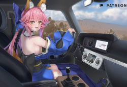 Rule 34 | 1girl, animal ear fluff, animal ears, bare shoulders, blue bow, blue kimono, blue sky, blue thighhighs, blush, bow, breasts, car, car interior, cleavage, cloud, commentary, commission, detached collar, detached sleeves, driving, english commentary, fate/extra, fate (series), fox ears, fox girl, fox tail, hair between eyes, hair bow, indoors, japanese clothes, kamehito, kimono, large breasts, long hair, long sleeves, looking at viewer, mercedes-benz, mercedes-benz g-class, motor vehicle, mountain, obi, open mouth, patreon logo, pink hair, platform footwear, sash, sidelocks, sky, smile, solo, split ponytail, steering wheel, tail, tamamo (fate), tamamo no mae (fate/extra), thighhighs, wide sleeves, yellow eyes, zettai ryouiki