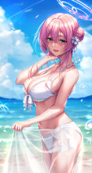 Rule 34 | 1girl, absurdres, beach, bikini, blue archive, blue eyes, blurry, blurry background, blush, braid, braided bun, breasts, cleavage, collarbone, front-tie bikini top, front-tie top, hair bun, halo, highres, holding sarong, kimchi (user mpzz8457), large breasts, looking at viewer, looking to the side, mimori (blue archive), mimori (swimsuit) (blue archive), navel, official alternate costume, outdoors, pink hair, sarong, see-through sarong, single side bun, smile, solo, splashing, stomach, swimsuit, white bikini
