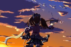 Rule 34 | 1girl, aircraft, airplane, brown hair, cloud, evening, from behind, hat, headgear, highres, japanese clothes, kantai collection, kariginu, long hair, long sleeves, namakura neo, outdoors, pleated skirt, rigging, ryuujou (kancolle), scroll, shikigami, skirt, sky, solo, tasuki, twintails, visor cap