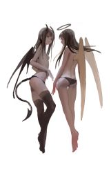 Rule 34 | 2girls, absurdres, angel and devil, ass, back, black eyes, black hair, black panties, black pants, blunt bangs, breasts, demon tail, full body, halo, highres, horns, kineshin, long hair, looking at another, looking at viewer, multiple girls, nipples, original, panties, pants, small breasts, tail, thighhighs, topless, underwear, white background, wings