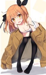 Rule 34 | 1girl, :o, ahoge, bad id, bad twitter id, bare shoulders, bent over, black pantyhose, black ribbon, blush, breasts, brown coat, brown hair, camisole, cleavage, clothes pull, coat, collarbone, commentary request, fine fabric emphasis, full body, hair ribbon, highres, long hair, long sleeves, looking at viewer, medium breasts, no pants, no shoes, open mouth, orange eyes, original, pantyhose, pantyhose pull, ribbon, sasahara wakaba, shadow, shirt, solo, standing, strap slip, sweat, thighs, twitter username, two side up, white shirt, wing collar