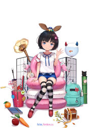 Rule 34 | 1girl, animal, apple, backpack, bag, bag charm, balloon, black cat, black hair, blouse, blue eyes, blue ribbon, blue shorts, blush, bob cut, bow, breasts, candy, candy cane, carrot, cat, cat teaser, charm (object), closed mouth, closed umbrella, clownfish, collarbone, commentary, fish, flower, folding screen, food, fruit, full body, hair ornament, hand up, heart, heart hair ornament, heterochromia, highres, inflatable chair, key, knees together feet apart, liclac, looking at viewer, orange (fruit), original, phonograph, pocket watch, purple eyes, red apple, red footwear, ribbon, shirt, shoes, short hair, short shorts, short sleeves, shorts, sitting, small breasts, smile, solo, striped clothes, striped thighhighs, thighhighs, treasure chest, tube, umbrella, unworn backpack, unworn bag, watch, water, watermark, waving, web address, white background, white shirt, yellow eyes