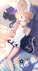 Rule 34 | 1girl, abigail williams (fate), abigail williams (swimsuit foreigner) (fate), abigail williams (swimsuit foreigner) (second ascension) (fate), akazaki yukino, bare shoulders, beach, black bow, black cat, blonde hair, blue eyes, blush, bow, braid, braided bun, breasts, cat, double bun, dress swimsuit, fate/grand order, fate (series), forehead, hair bun, hat, highres, keyhole, long hair, mitre, multiple bows, one-piece swimsuit, orange bow, parted bangs, sand, shore, sidelocks, small breasts, smile, swimsuit, twintails, very long hair, white hat, white one-piece swimsuit