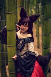 Rule 34 | 1girl, animal ears, bamboo, bamboo forest, brown hair, cosplay photo, fang, fingernails, forest, fur trim, hair between eyes, highres, imaizumi kagerou, knts 0v0, long hair, looking at viewer, nature, outdoors, photo (medium), red lips, red nails, sharp fingernails, smile, solo, tail, touhou, twintails, wide sleeves, wolf ears, wolf girl, wolf tail