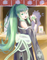 Rule 34 | 1girl, :o, bare shoulders, blush, breasts, commentary request, crota, destiny (game), detached sleeves, eating, flying sweatdrops, food, food on face, food stand, from behind, genderswap, genderswap (mtf), green eyes, green hair, holding, holding food, japanese clothes, kimono, kuroda kuwa, kuroda mulberry, long hair, long sleeves, looking at viewer, looking back, matching hair/eyes, neon trim, onigiri, personification, ponytail, ribbon, robe, sidelocks, small breasts, solo, very long hair, wide sleeves, yukata