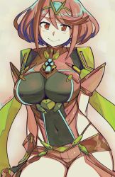 Rule 34 | 1girl, arms behind back, breasts, circlet, covered navel, forehead jewel, hip vent, large breasts, looking at viewer, nintendo, pyra (xenoblade), red eyes, red hair, short hair, short shorts, shorts, smile, solo, woofycakes, xenoblade chronicles (series), xenoblade chronicles 2, xenoblade chronicles (series), xenoblade chronicles 2