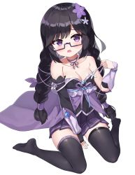 Rule 34 | 1girl, 2drr, asymmetrical sleeves, bare shoulders, black-framed eyewear, black gloves, black hair, black sleeves, black thighhighs, blush, braid, breasts, cleavage, collarbone, commentary request, commission, detached sleeves, fingerless gloves, flower, glasses, gloves, hair flower, hair ornament, highres, long hair, long sleeves, looking at viewer, medium breasts, no shoes, open mouth, original, pixiv commission, pleated skirt, purple eyes, purple flower, purple skirt, semi-rimless eyewear, single glove, sitting, skirt, solo, strap slip, thighhighs, twin braids, twintails, under-rim eyewear, uneven sleeves, very long hair, wariza, wavy mouth, white flower