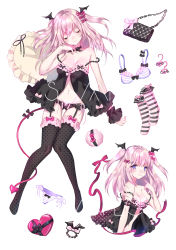 Rule 34 | 1girl, absurdres, babydoll, bag, black babydoll, black bow, black choker, black thighhighs, bow, bra, breasts, choker, cleavage, closed eyes, clothes, demon tail, earrings, finger to own chin, frilled babydoll, frilled pillow, frilled thighhighs, frills, garter belt, hair bow, hand on own chin, handbag, head wings, heart, highres, jewelry, lingerie, multiple views, navel, no shoes, original, panties, pillow, pink hair, polka dot, polka dot legwear, red ribbon, ribbon, ribbon trim, sample watermark, side-tie panties, simple background, sleeping, small breasts, smile, socks, strap slip, striped clothes, striped socks, striped thighhighs, tail, tail bow, tail ornament, thighhighs, two side up, underwear, watermark, white background, wings, yuzhi