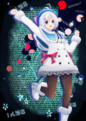 Rule 34 | .live, 1girl, :d, absurdres, antenna hair, bad id, bad pixiv id, beret, blue capelet, blue eyes, blue hat, boots, brown pantyhose, capelet, choco (chocovix112), dennou shoujo siro, dress, feet out of frame, fur-trimmed boots, fur-trimmed capelet, fur-trimmed dress, fur-trimmed sleeves, fur trim, hair between eyes, hair ornament, hat, highres, long sleeves, looking at viewer, open mouth, pantyhose, parted bangs, silver hair, smile, solo, standing, standing on one leg, virtual youtuber, white dress, white footwear, x hair ornament