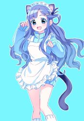 Rule 34 | 1girl, absurdres, animal ears, asari nanami, blue background, blue eyes, blue hair, blush, cat ears, cat tail, fake animal ears, fake tail, highres, idolmaster, idolmaster cinderella girls, jacket, jersey maid, kanipoposu, long hair, looking at viewer, maid, open mouth, paw pose, simple background, sleeves past wrists, smile, solo, tail, track jacket, unconventional maid
