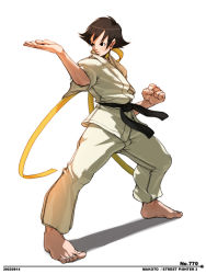Rule 34 | &gt;:(, 1girl, androgynous, angry, barefoot, black eyes, black hair, capcom, character name, choker, clenched hand, copyright name, dated, dougi, falcoon, feet, fighting stance, flipped hair, frown, full body, legs apart, looking afar, makoto (street fighter), outstretched arm, ribbon, ribbon choker, sash, shadow, short hair, simple background, solo, standing, street fighter, street fighter iii (series), tomboy, v-shaped eyebrows, white background, wide stance