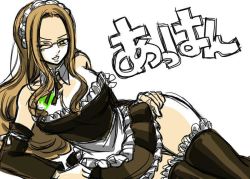 Rule 34 | 1girl, apron, bare shoulders, breast tattoo, breasts, brown hair, detached sleeves, evergreen (fairy tail), fairy tail, frills, glasses, large breasts, long hair, lying, maid, maid apron, maid headdress, on side, one eye closed, tattoo, thighhighs, translation request, wink