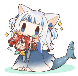 Rule 34 | &gt; &lt;, 2girls, :3, :d, animal ears, black hair, blue eyes, blue hair, blunt bangs, blush, cat ears, commentary, earclip, fins, fish tail, flying sweatdrops, gawr gura, hair ornament, hakos baelz, highres, hololive, hololive english, mini person, minigirl, mouse ears, mouse girl, mouth hold, multicolored hair, multiple girls, open mouth, red hair, same anko, shark hair ornament, shark tail, simple background, smile, sparkle, streaked hair, symbol-only commentary, tail, two-tone hair, two side up, virtual youtuber, white background, white hair, x3, xd