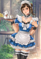Rule 34 | 1girl, apron, arms up, black thighhighs, blue dress, bow, breasts, bridal garter, brown eyes, brown hair, cleavage, collar, cup, day, detached collar, dress, eyelashes, flower, frilled collar, frills, holding, holding tray, john law bc, layered dress, leaf, legs together, looking at viewer, maid, maid headdress, medium breasts, miyamoto hikari, outdoors, parted lips, pointing, pointing at self, ponytail, puffy short sleeves, puffy sleeves, ribbon, saucer, short sleeves, solo, standing, summer lesson, sunlight, table, tea, teacup, teapot, thighhighs, tray, white bow, white ribbon, wrist cuffs, yellow flower