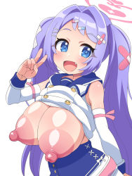 Rule 34 | 1girl, :d, alternate breast size, bandaid, bandaid hair ornament, blue archive, blue eyes, blush, breasts, breasts out, clothes lift, crossed bandaids, detached sleeves, elf k, fang, hair intakes, hair ornament, hairclip, halo, hanae (blue archive), highres, large areolae, large breasts, long hair, nipples, open mouth, pill hair ornament, purple hair, sailor collar, shirt lift, simple background, smile, solo, twintails, upper body, v, very long hair, white background