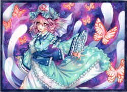 Rule 34 | 1girl, blue hat, blue kimono, breasts, bug, butterfly, center frills, cowboy shot, frilled kimono, frilled sleeves, frills, hair between eyes, hat, hitodama, insect, japanese clothes, kimono, long sleeves, medium breasts, medium hair, mob cap, mosho, open mouth, orange butterfly, pink hair, purple background, purple eyes, saigyouji yuyuko, smile, solo, touhou, traditional media, triangular headpiece, wide sleeves