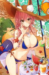 Rule 34 | 1girl, :o, absurdres, animal ear fluff, animal ears, armlet, bad id, bad pixiv id, banana, bare shoulders, bikini, blue bikini, breasts, brown eyes, cleavage, cocktail glass, collarbone, covered erect nipples, cup, drinking glass, drinking straw, ears through headwear, fate/grand order, fate (series), fingernails, food, fox ears, fox tail, fruit, groin, hat, highres, ice, ice cream, ice cube, innertube, jewelry, large breasts, leaf, lemon, long hair, looking at viewer, navel, necklace, ocean, osanai, pink hair, pitcher (container), plate, popsicle, side-tie bikini bottom, solo, spoon, starfish, straw hat, strawberry, swim ring, swimsuit, table, tail, tamamo (fate), tamamo no mae (fate/extra), tamamo no mae (swimsuit lancer) (fate), water, water drop, watermelon, wet, wine glass
