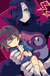 Rule 34 | 1boy, 1other, absurdres, android, black eyeshadow, black pants, blue shirt, blue shorts, brown hair, carrying, carrying person, child, clenched hands, closed eyes, closed mouth, eyeshadow, feet out of frame, frisk (undertale), gloves, hair between eyes, hair over one eye, highres, looking at viewer, makeup, mettaton, mettaton ex, nikorashi-ka, pants, pink background, purple shirt, shirt, short hair, short sleeves, shorts, socks, striped clothes, striped shirt, undertale, white gloves, white socks