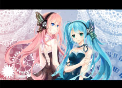 Rule 34 | 2girls, aqua eyes, aqua hair, blue eyes, butterfly hair ornament, butterfly wings, cathy inaba, hair ornament, hatsune miku, headphones, insect wings, letterboxed, long hair, magnet (vocaloid), megurine luka, multiple girls, pink hair, r@nko, twintails, vocaloid, wings