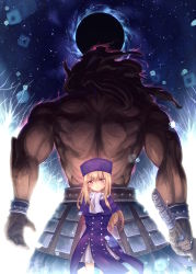 Rule 34 | 1boy, 1girl, arms behind back, ayakashi (monkeypanch), blonde hair, dress, eclipse, fate/stay night, fate (series), hat, heracles (fate), highres, illyasviel von einzbern, long hair, looking at viewer, muscular, night, purple hat, red eyes, size difference, skirt, smile, star (sky), sword, weapon