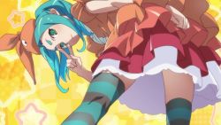Rule 34 | 10s, 1girl, aqua hair, artist request, bent over, blush, dress, frilled dress, frills, from behind, green eyes, highres, light blush, looking at viewer, looking back, medium hair, monogatari (series), object on head, ononoki yotsugi, orange dress, short eyebrows, solo, source request, star (symbol), starry background, striped clothes, striped thighhighs, tagme, thighhighs, thighs, tsukimonogatari, twintails, upskirt, v, v over eye