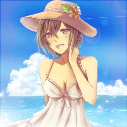 Rule 34 | 1girl, :d, arm behind back, blue sky, breasts, brown eyes, brown flower, brown hat, cleavage, cloud, collarbone, day, dress, flower, hair between eyes, hat, hat flower, hat ribbon, lens flare, medium breasts, meiko (vocaloid), ocean, open mouth, outdoors, ribbon, short hair, sky, sleeveless, sleeveless dress, smile, solo, sun hat, sundress, upper body, vocaloid, white dress, white ribbon, yen-mi