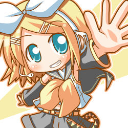 Rule 34 | blonde hair, blue eyes, detached sleeves, hair ribbon, kagamine rin, lowres, microphone, minami (colorful palette), ribbon, solo, vocaloid
