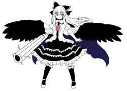 Rule 34 | 1girl, arm cannon, bow, cape, frills, hair bow, isaki (gomi), long hair, red eyes, reiuji utsuho, solo, spot color, third eye, touhou, weapon, wings