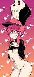 Rule 34 | 10s, 1girl, arched back, bigdead, bottomless, breasts, colored skin, female focus, gradient background, hat, highres, jakuzure nonon, kill la kill, midriff, narrow waist, nipples, no bra, note, pink hair, red eyes, smile, solo, thighs