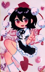 Rule 34 | 1girl, apen, black hair, black ribbon, black skirt, chinese commentary, commentary request, frilled skirt, frills, hair between eyes, hand up, hat, heart, highres, invisible chair, looking at viewer, marker (medium), neck ribbon, open mouth, photo (medium), puffy short sleeves, puffy sleeves, red eyes, red footwear, red hat, ribbon, shameimaru aya, shirt, shoes, short hair, short sleeves, sitting, skirt, smile, socks, solo, tokin hat, touhou, traditional media, white shirt, white socks
