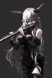 Rule 34 | alternate hairstyle, ambience synesthesia, arknights, black background, black thighhighs, casual, demon girl, demon horns, flute, highres, horns, instrument, long hair, official alternate costume, oreshki, pelvic curtain, pointy ears, shining (arknights), silver hair, simple background, solo, thighhighs