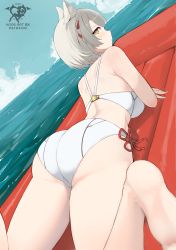 Rule 34 | 1girl, absurdres, adapted costume, animal ears, artist name, ass, barefoot, bikini, cat ears, dutch angle, foreshortening, grey hair, highres, inflatable raft, kaos art, looking at viewer, looking back, lying, mio (xenoblade), ocean, on stomach, ribbon, short hair, solo, swimsuit, thighs, water, white bikini, xenoblade chronicles (series), xenoblade chronicles 3, yellow eyes